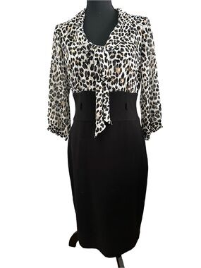 White House Black Market Black and White Leopard Print Tie-Neck Dress. Size 8